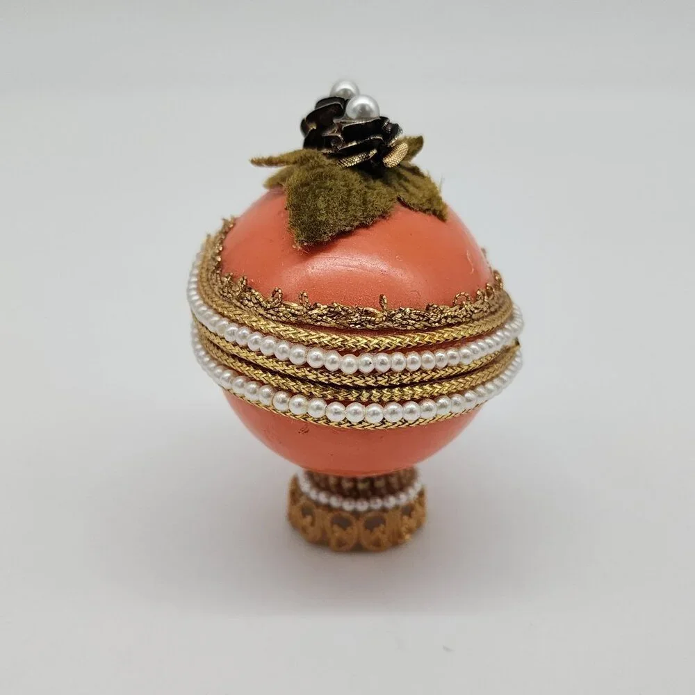 Decorative Egg Shaped Jewelry Trinket Box Faux Pearl Velvet Floral 2.5